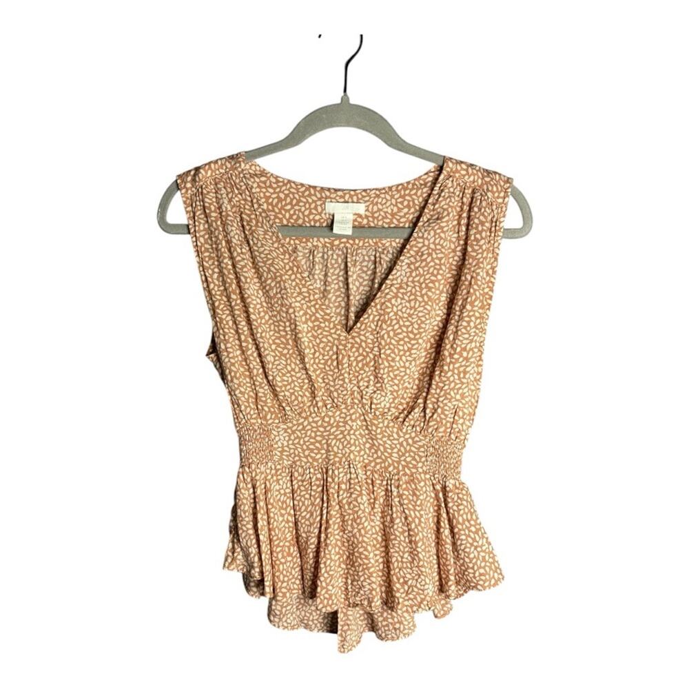 H&M Tan White Printed Sleeveless Peplum Blouse With V Neckline 2
